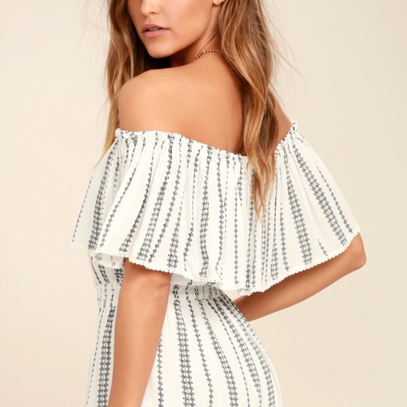 Lulu’s | White Print Off the Shoulder Romper - Picture 3 of 7